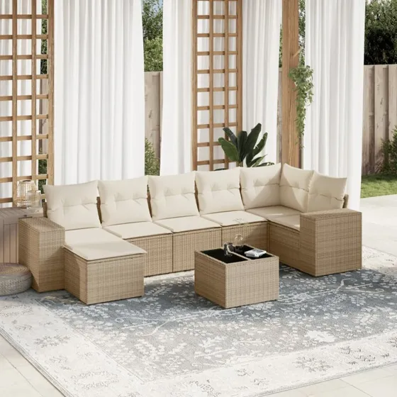 8-delt havestel i polyrattan med hynder, beige