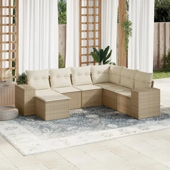 Sofasæt til haven 7 dele i polyrattan med hynder – beige