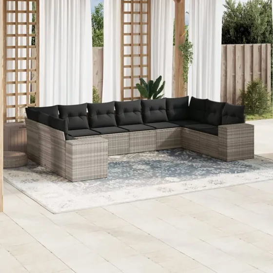 Sofasæt til haven 10 dele i polyrattan, lysegrå