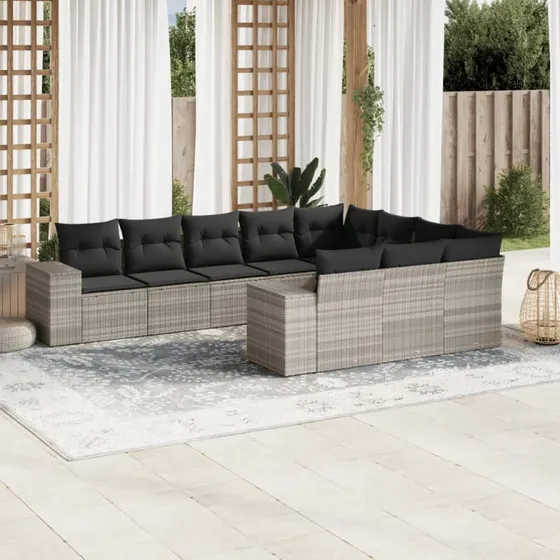 Havesofasæt 10 dele i polyrattan med hynder, lysegrå