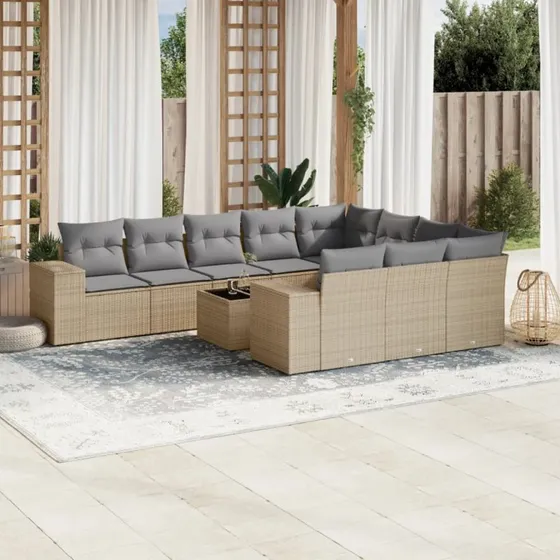 Havesofasæt i polyrattan 11 dele med hynder - Beige