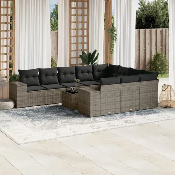 Loungesæt i polyrattan 11 dele med hynder, grå
