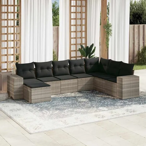 Havesofasæt 8 dele i lysegrå polyrattan inkl. hynder