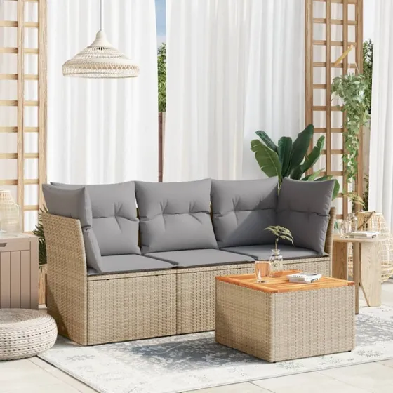 Havesofasæt 4 dele i polyrattan - beige inkl. hynder