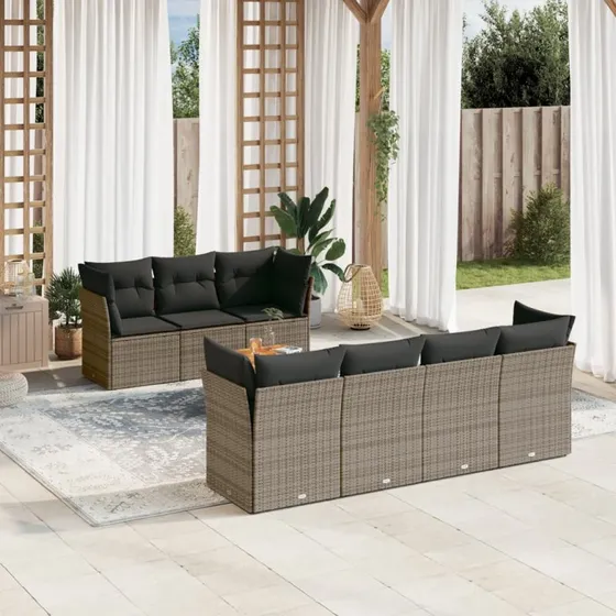 Havesofasæt 8 dele i grå polyrattan med hynder