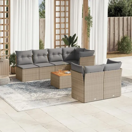 Havesofasæt i polyrattan 8 dele med hynder - Beige