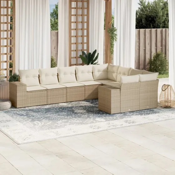 Sofasæt til haven 9 dele i polyrattan med hynder - beige