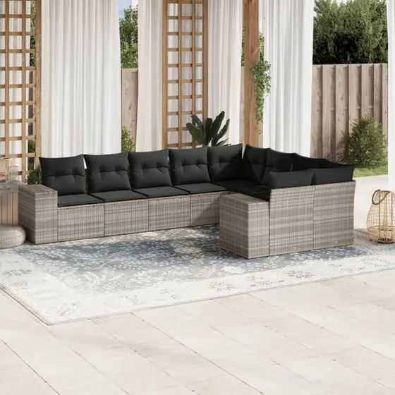 Havesofasæt 9 dele i polyrattan med hynder, lysegrå