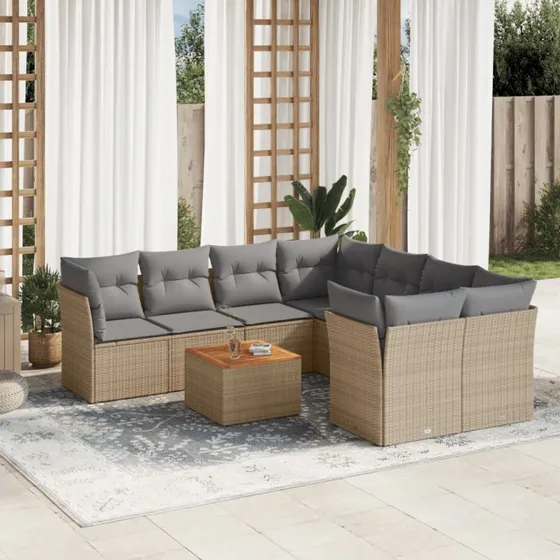 Spisebordssæt i polyrattan 9 dele med hynder - beige