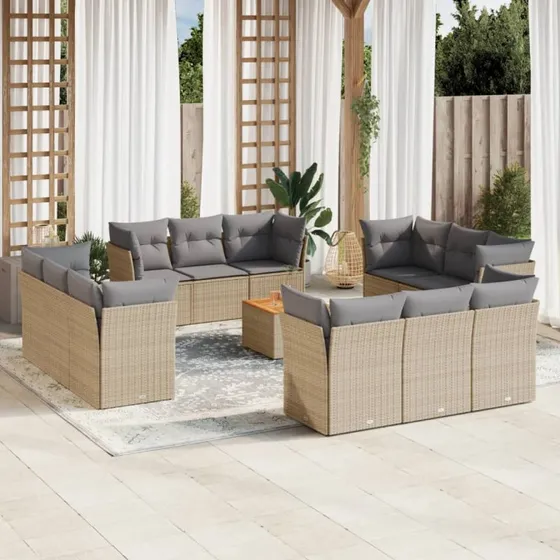 Havemøbelsæt 13 dele i beige polyrattan med hynder