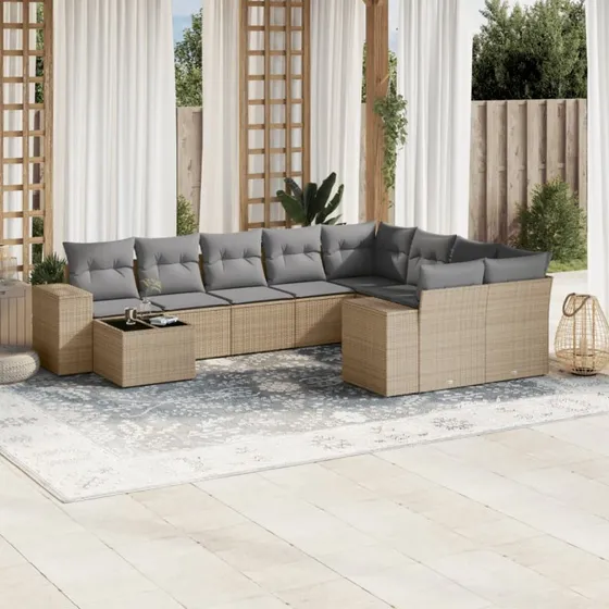 Havesofasæt 10 dele polyrattan beige med hynder