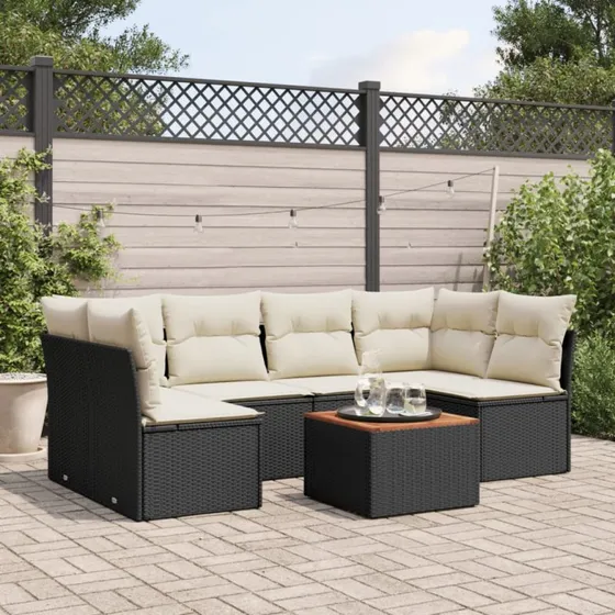 Havesofa sæt 7 dele i sort polyrattan med hynder