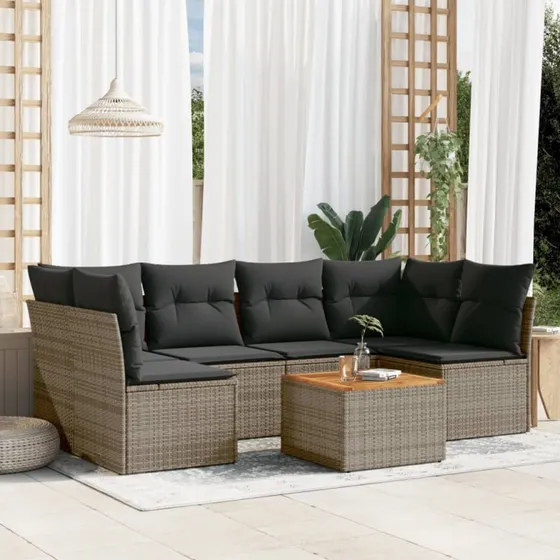 Havesofasæt 7 dele i grå polyrattan med hynder