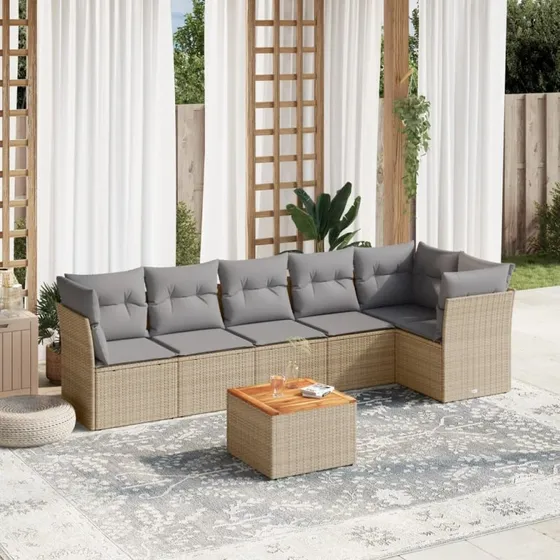Havesofasæt 7 dele i polyrattan med hynder - beige