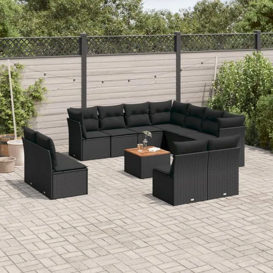 Havesofasæt 12 dele i polyrattan - sort med hynder