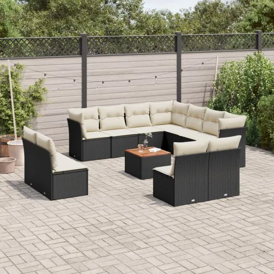 Havesofasæt 12 dele i polyrattan med hynder - sort