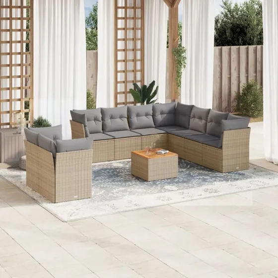 Havesofasæt 11 dele i polyrattan med hynder – beige