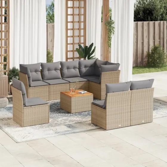 Spisebordssæt til haven 9 dele i beige polyrattan