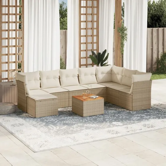 9-dele sofasæt i polyrattan til haven med hynder - beige