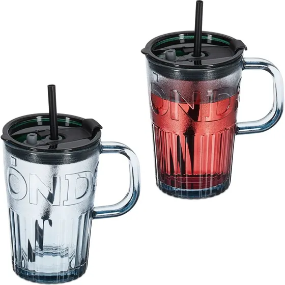 Sæt med 2 drikkeglas med hank og låg (sugerøråbning)