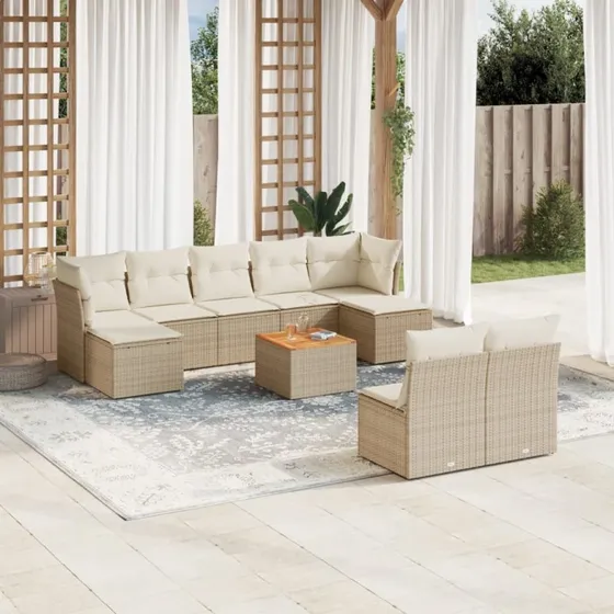 Havesofasæt 10 dele polyrattan beige med hynder