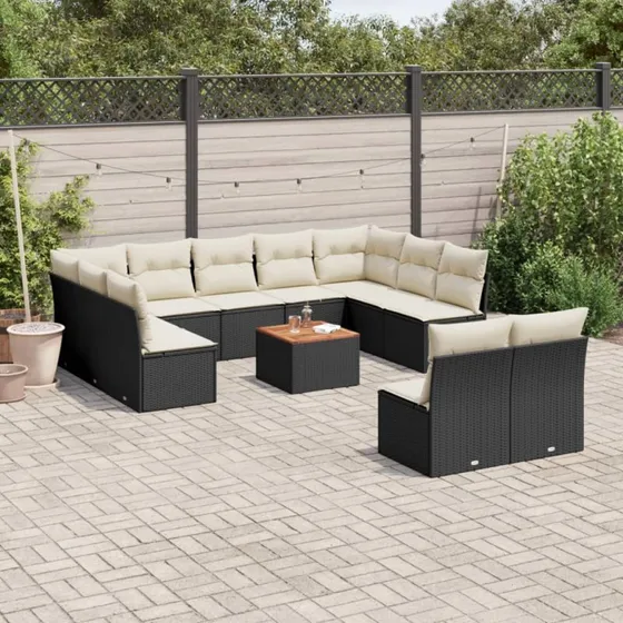 Havesofasæt 12 dele i sort polyrattan inkl. hynder