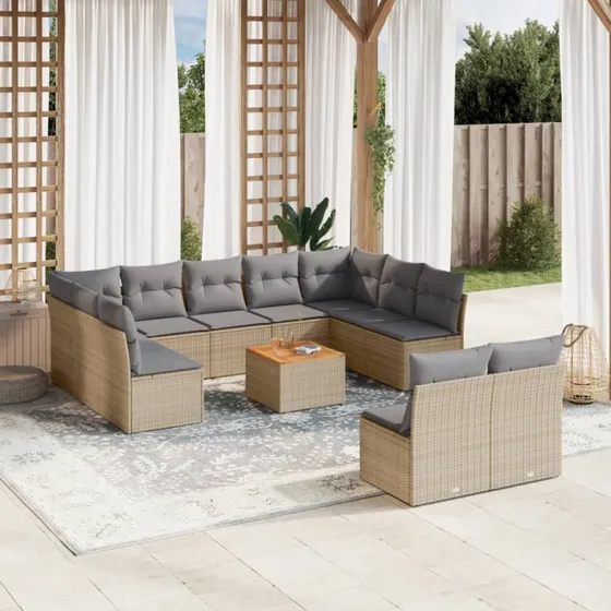 Havesofasæt 12 dele i polyrattan med hynder - Beige