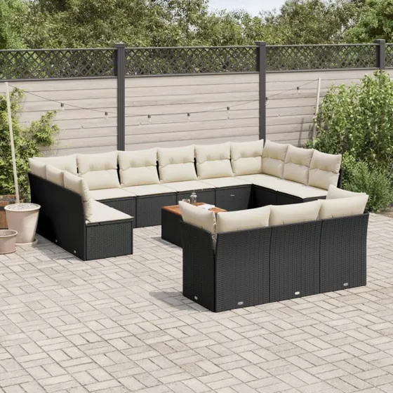 Havesofasæt 14 dele i sort polyrattan med hynder