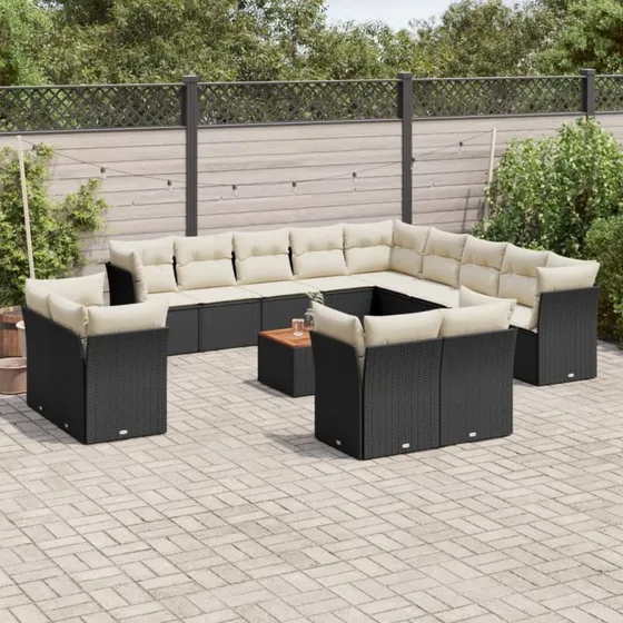 Havesofasæt 14 dele i sort polyrattan med hynder