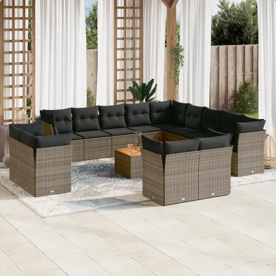 Havesofasæt 14 dele i grå polyrattan inkl. hynder