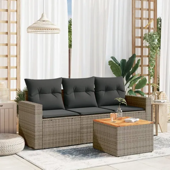 Havesofasæt 4 dele i polyrattan med hynder, grå