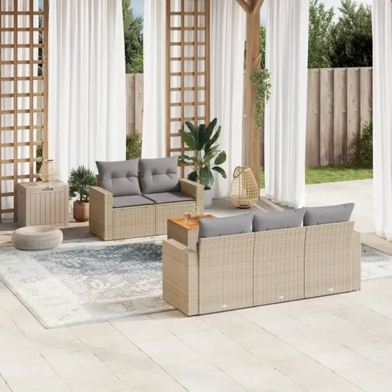 Havesofasæt 6 dele i polyrattan beige med hynder