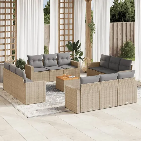 Havesæt 13 dele i beige polyrattan med hynder