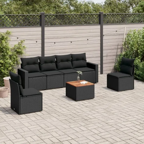 7-dele sofasæt i sort polyrattan med hynder