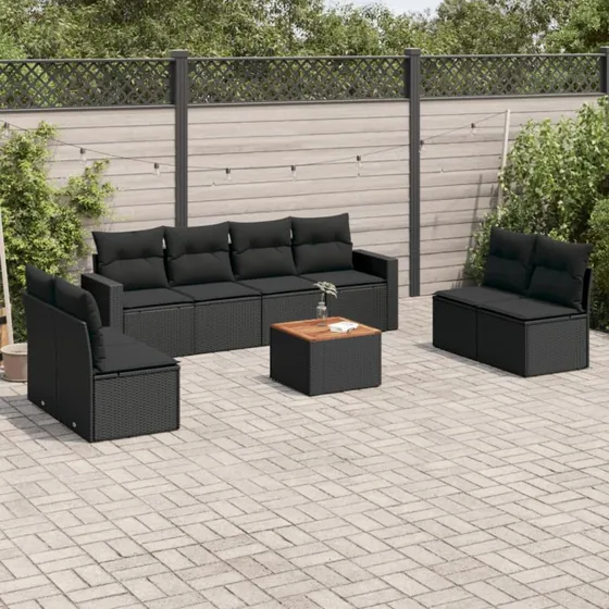 Polyrattan sofasæt til haven 9 dele med hynder, sort