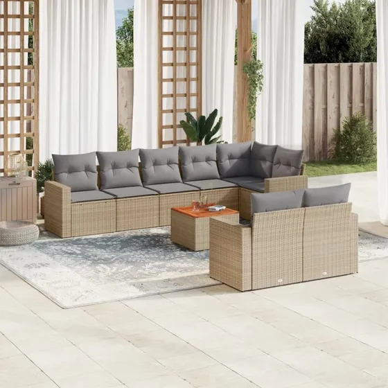 Polyrattan havemøbelsæt 9 dele med hynder - beige