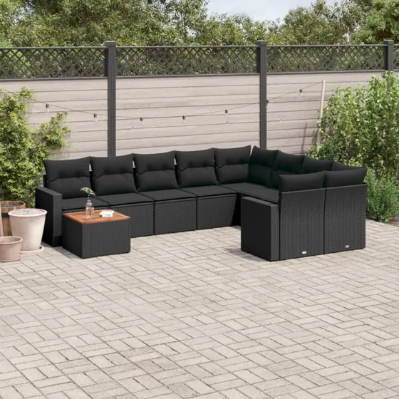 10-dele polyrattan sofasæt til haven med hynder – sort