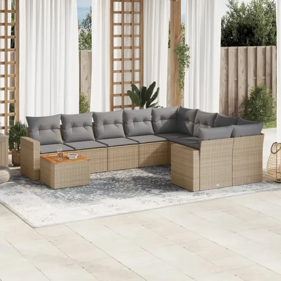 Havesofasæt 10 dele i polyrattan med hynder – beige