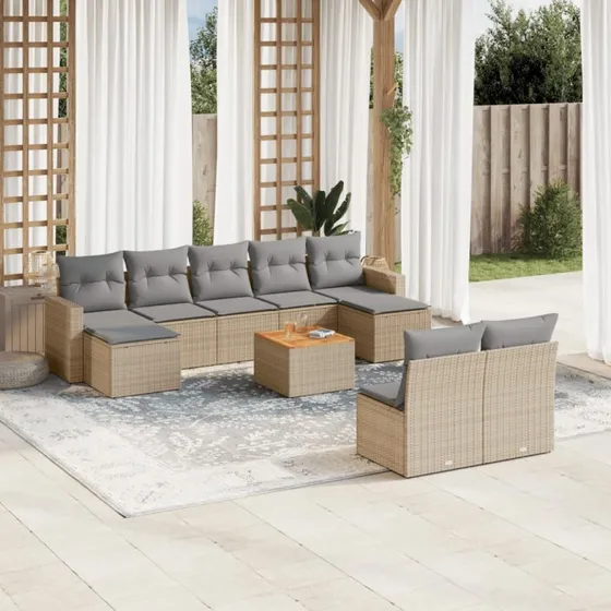 Havesofasæt 10 dele polyrattan beige m. hynder