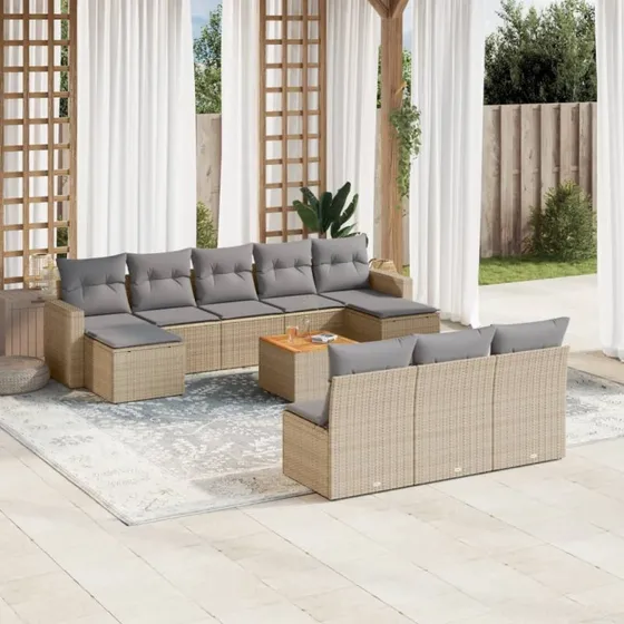 Havesofasæt 11 dele polyrattan beige med hynder