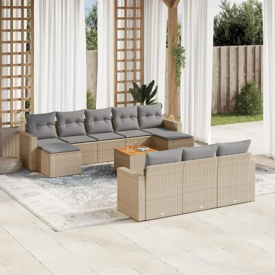 Havesofasæt 11 dele i polyrattan med hynder, beige