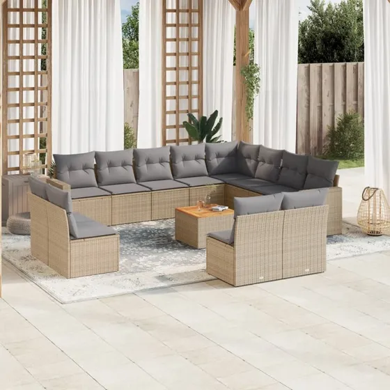 Havesæt 13 dele i beige polyrattan med hynder