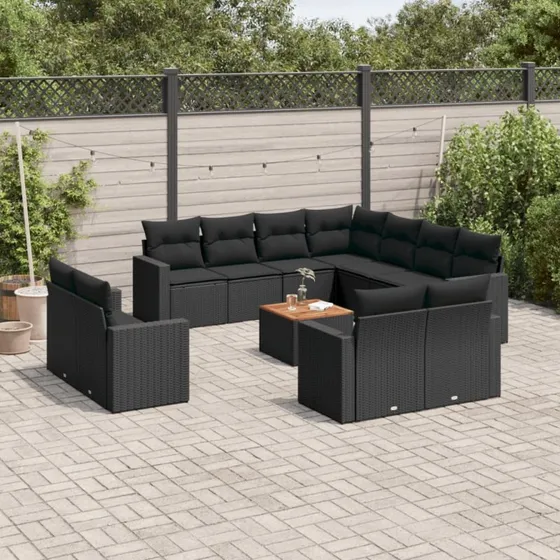 Havesofasæt 12 dele polyrattan sort med hynder
