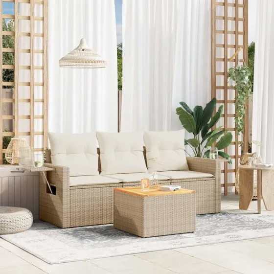 Havesofasæt 4 dele i polyrattan med hynder - beige