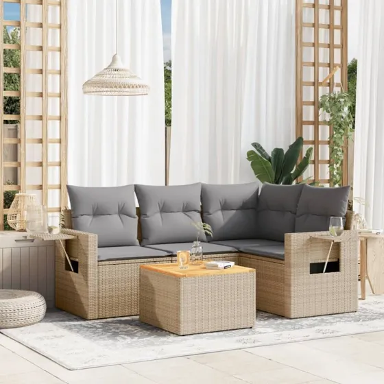 Havesofasæt 5-dele i beige polyrattan med hynder