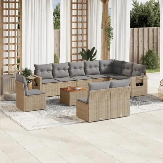 Havesofasæt 11 dele i polyrattan med hynder - beige