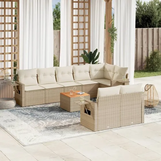 Sofasæt til haven 9 dele i polyrattan med hynder - beige