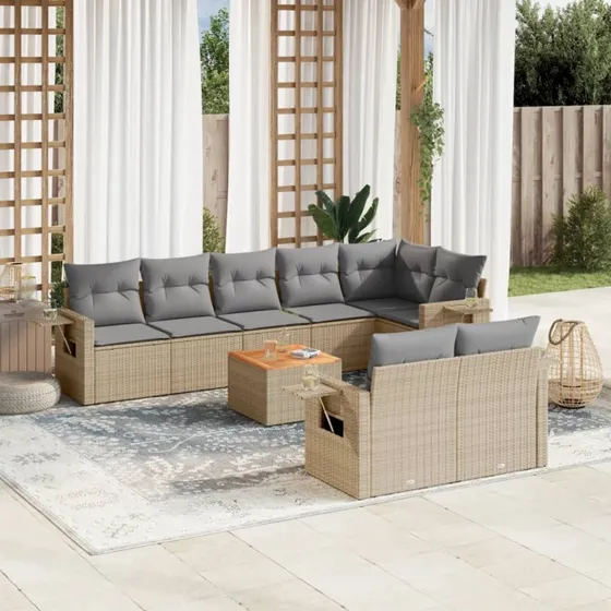 9-del polyrattan spisebordssæt med hynder - beige