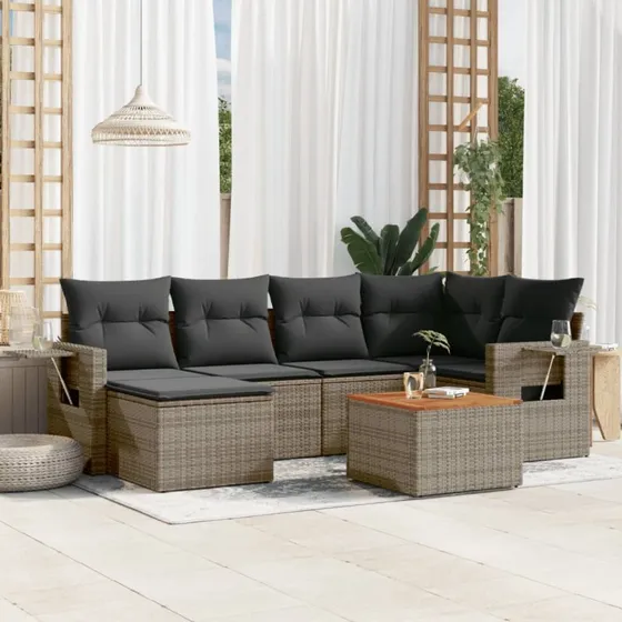 Havesofasæt 7 dele i grå polyrattan med hynder