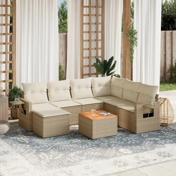 8-dele loungesæt i polyrattan med hynder – beige
